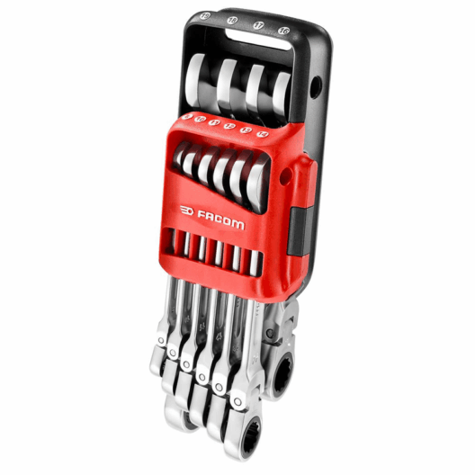 Facom 467BF.JP10 10 Piece Flexible Head Anti-Slip Ratchet Combination Spanner Set 8-19mm