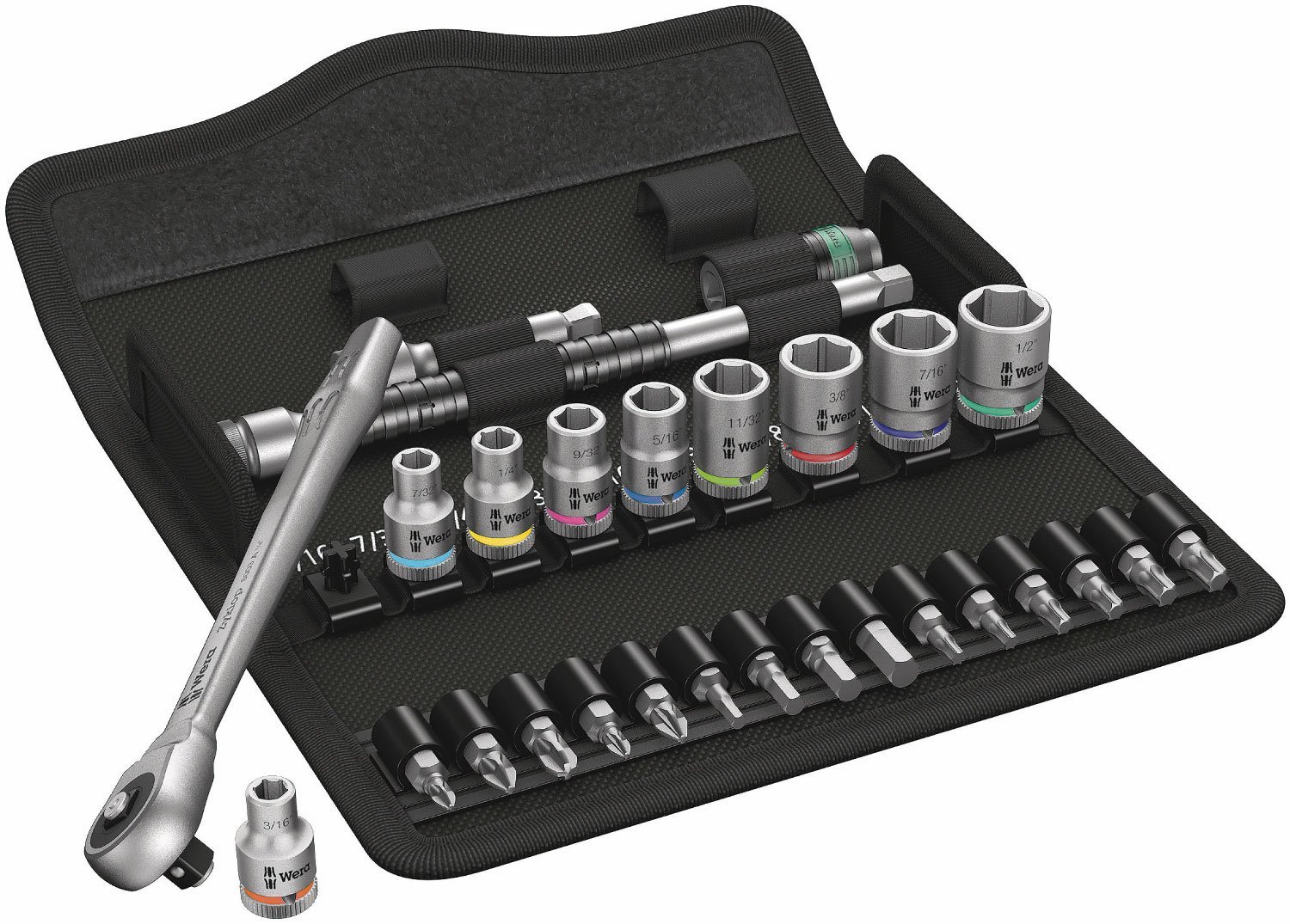 Wera 004020 8100SA10 1/4″ Drive 28 Piece Imperial Zyklop Metal Push Through Ratchet Socket and Bit Set 3/16-1/2″ AF