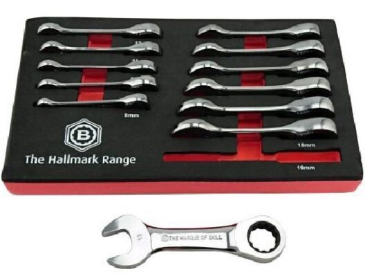 Britool Hallmark BHSRWSET12 12 piece Stubby Ratchet Combination Spanner Set in Foam Tray
