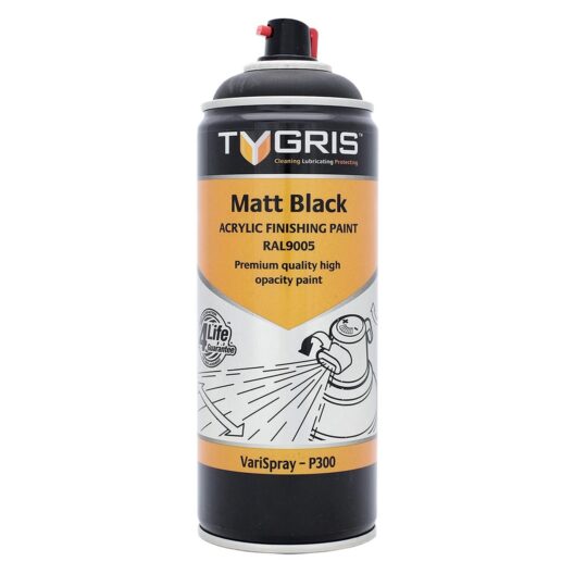 Tygris P300 Professional Matt Black Acrylic Spray Paint 400ml Aerosol (RAL9005)