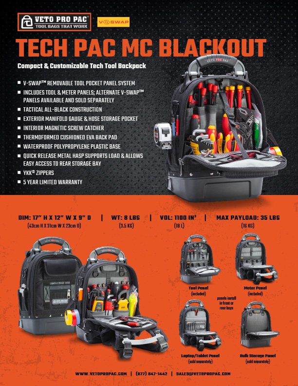 Veto Pro Pac TECH-PAC MC BLACKOUT Tool Backpack Rucksack PrimeTools