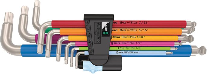 Wera 022860 9 Piece 3950/9 Multi Colour Hex-Plus Ball End Stainless Hexagon Key Set 5/64"-3/8" AF