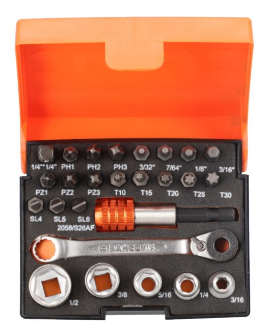 Bahco 2058/S26AF 26 Piece 1/4" Drive Slotted, Phillips, Pozidriv, Torx®&amp; Hex Screwdriver Bit &amp; Socket Set