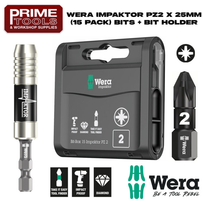 Wera Impaktor Bit Box PZ2 Screwdriver Impact Driver Bits x15 + Stainless Magnetic Holder