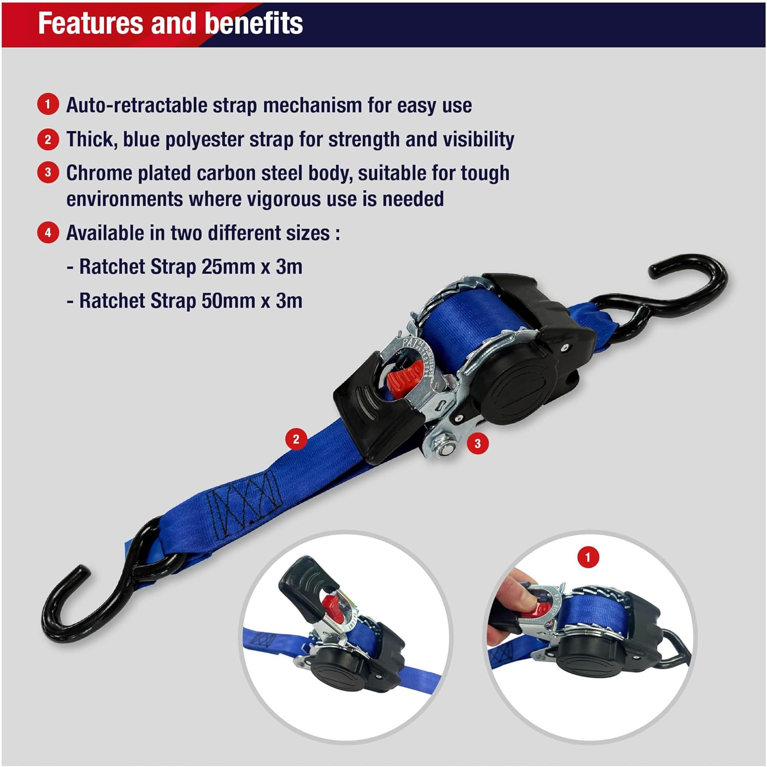 Spear & Jackson RATSTRAP50 Automatic Retracting Ratchet Tie Down Straps 50mm x 3 Metres - Image 5