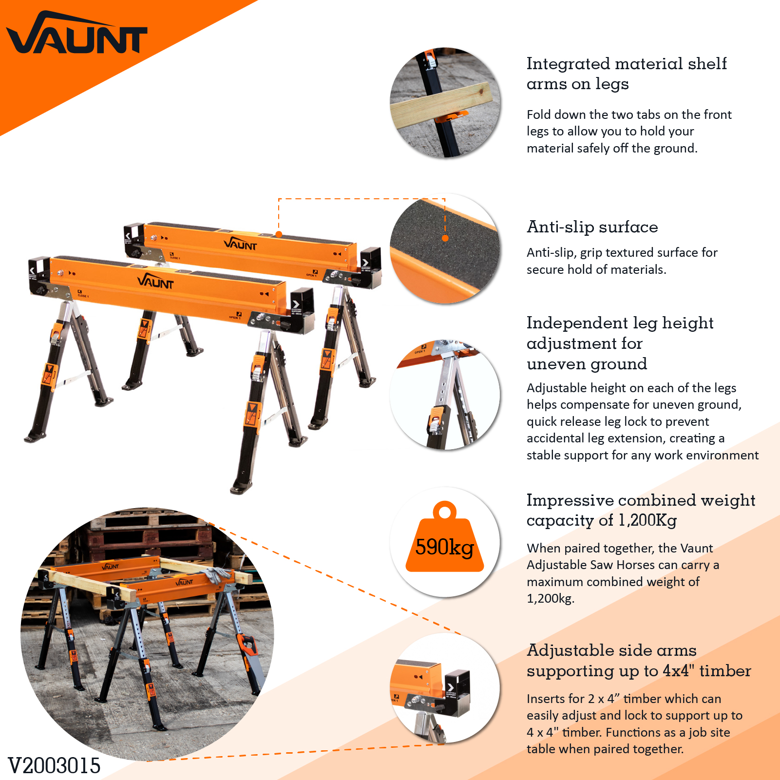 Vaunt Heavy Duty Fully Adjustable Saw Horse - Twin Pack - Image 2