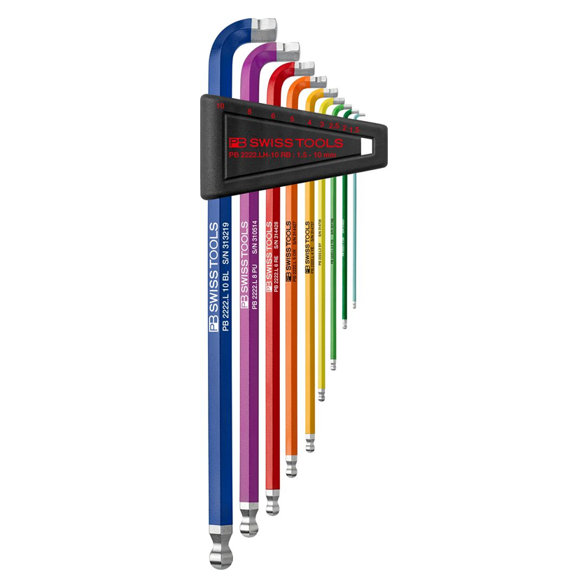 PB Swiss 2222.LH-10 RB 9 Piece RainBow 90°–100° Hex Key Set Ball End 1.5-10mm