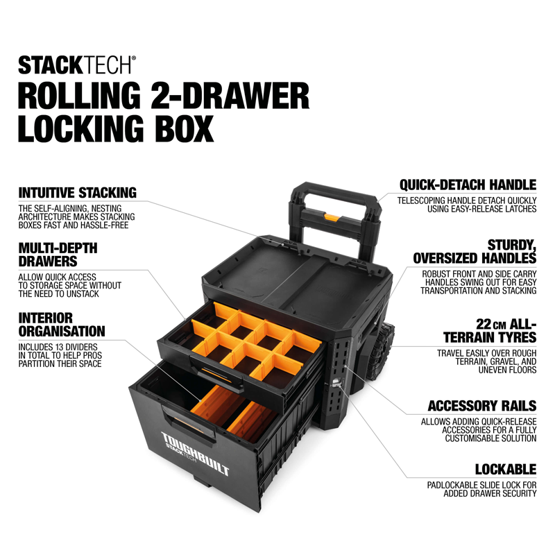 ToughBuilt TB-B1-D-R92 StackTech® 2 Drawer Rolling Locking Tool Box - Image 2