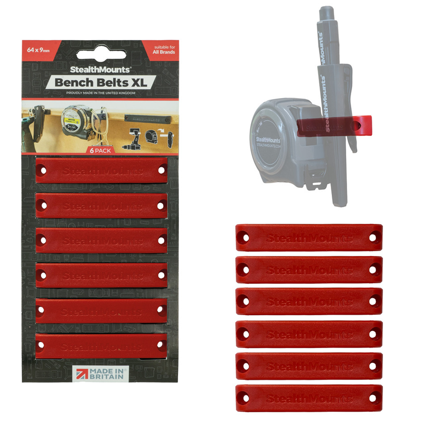 StealthMounts Bench Belts XL Universal Tool & Accessory Storage Mounts – Red – 6 Pack